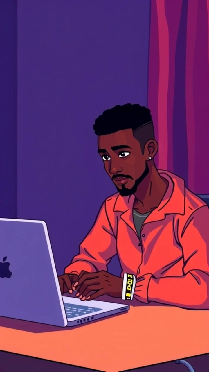 Scene: A dimly lit room with a desk cluttered with books and a laptop. The gentle glow of the laptop screen illuminates the focused face of the individual sitting, absorbed in online shopping. Motion: The camera slowly pushes in, capturing the subtle movement of the fingers scrolling on the touchpad, while the ambient light enhances the cozy yet concentrated atmosphere.