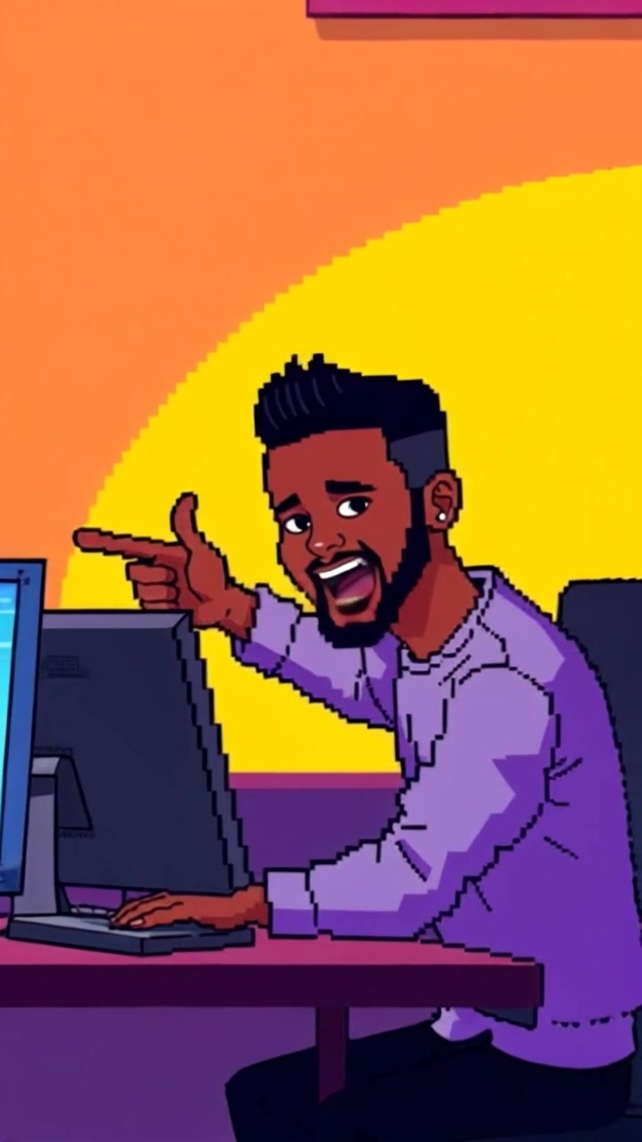 Subject: A person sitting in front of a computer. Subject movement: The person cheers excitedly, pointing at the screen with enthusiasm. Scene: Indoor workspace filled with vibrant decor, computer equipment, and colorful posters on the walls. Style: Bright, warm lighting illuminating the space, creating an inviting atmosphere. Motion: Camera pushes in gently to capture the joyful expression and dynamic gesture as the excitement builds, focusing on the screen momentarily before revealing the surrounding environment.
