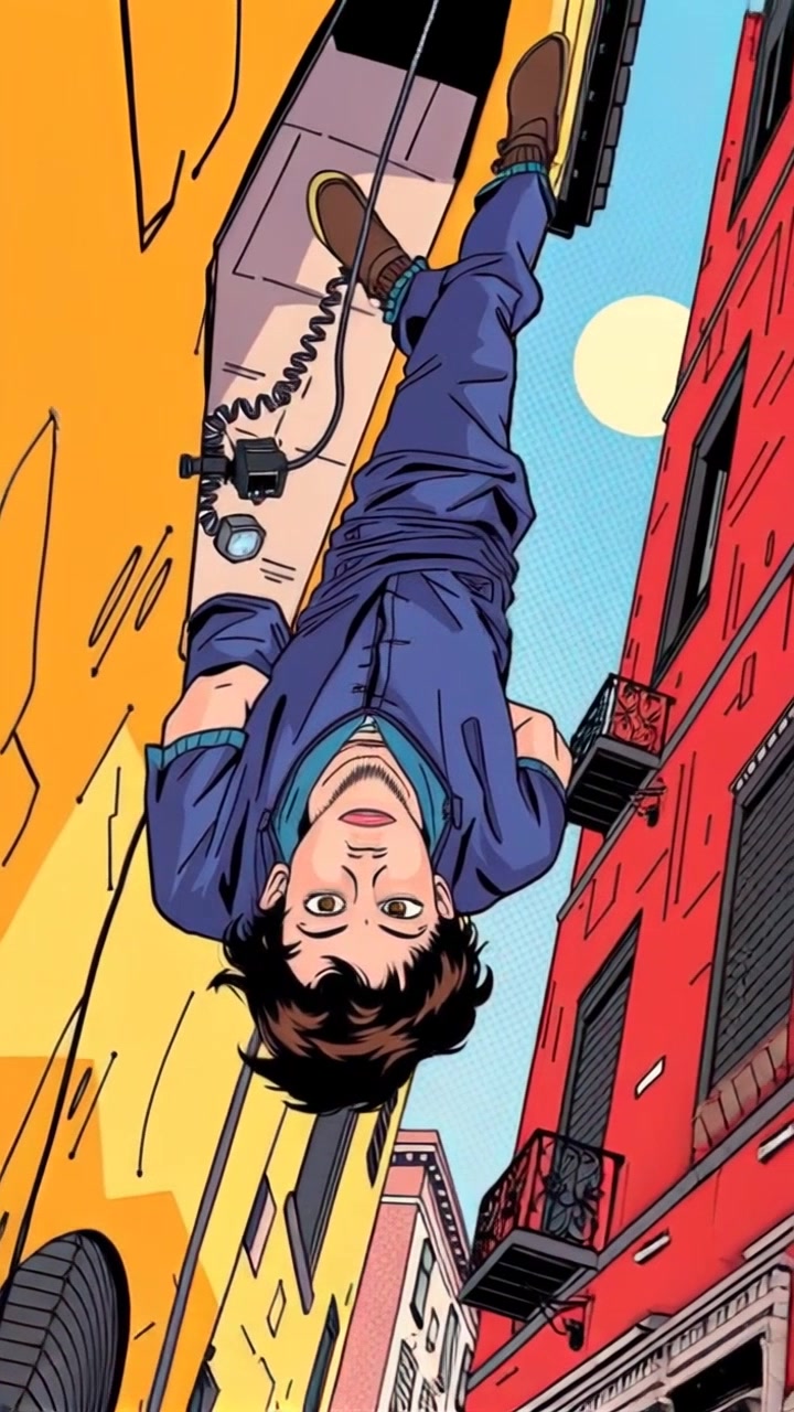 Subject: Mateo hanging upside down from a tall building. Subject movement: Mateo shifts his body slightly, tilting his head to get a better view of the bustling street below him. Scene: Rooftop view of an urban environment, with skyscrapers and busy streets, showcasing a vibrant city life. Style: Bright daylight with dynamic shadows cast by the buildings. Motion: Camera rotates around Mateo in a slow, dramatic panning shot to emphasize his unique perspective of the city.
