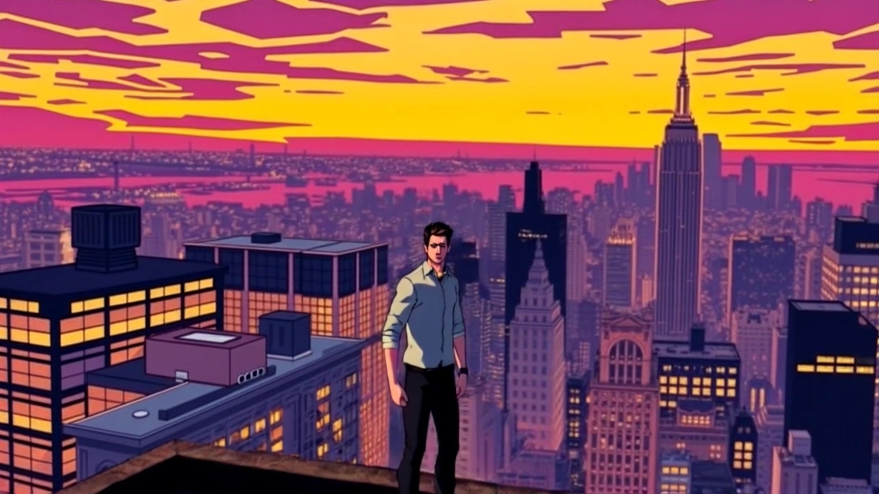Scene: A wide shot of the Gotham skyline at dusk, showcasing towering buildings silhouetted against a colorful sky. Motion: The camera performs a gradual pull-in as Mateo approaches from above, gliding smoothly over the urban landscape. Style: The ambiance is moody with the colors of sunset reflected in the glass facades, creating an inviting yet mysterious atmosphere.