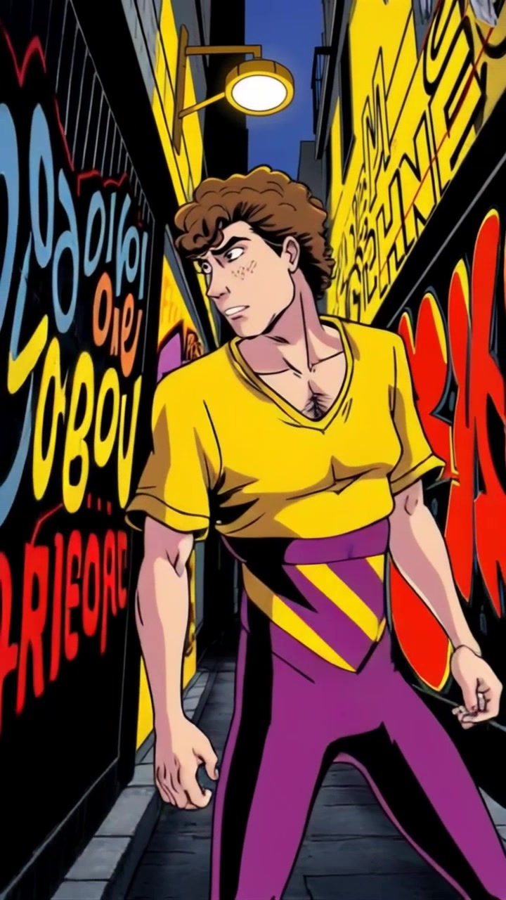 Subject: Spider-Man, looking dazed. Subject movement: He shifts unsteadily, glancing around as if assessing his surroundings. Scene: A dark alley filled with graffiti, illuminated by a single streetlight casting dramatic shadows. Style: Cool, moody lighting enhances the tension of the alley. Motion: Camera performs a slow, dramatic dolly in towards Spider-Man as he stands in the shadows, highlighting the urban art around him.