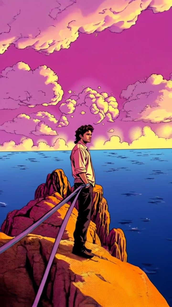 Scene: You standing at the edge of a rugged cliff, gazing out over a vast ocean under a dramatic, turbulent sky. Style: Moody, dynamic lighting accentuating the contrast between dark clouds and the vibrant sea below. Motion: The camera begins with a close-up of your thoughtful expression, then pulls back smoothly to reveal the expansive view, the waves crashing against the cliff while the wind whips through the air.