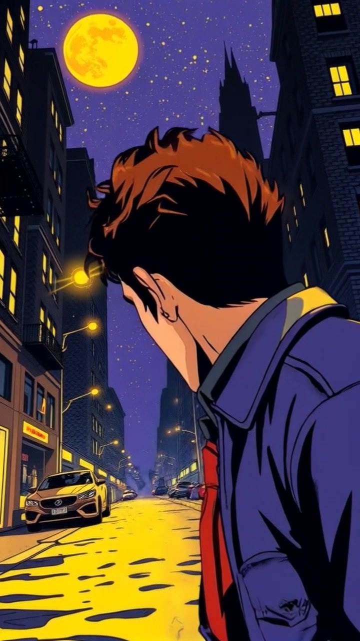 Subject: Mateo landing on a dark street in Gotham. Subject movement: Mateo looks around curiously, taking in his surroundings. Scene: A shadowy, atmospheric street in Gotham city, with dimly lit buildings and flickering streetlights casting eerie glows. Style: Low-key lighting accentuating the dark tones, emphasizing the gritty mood of the urban environment. Motion: The camera performs a smooth push in towards Mateo as he examines the street, capturing the tension of the moment while revealing the surrounding ominous architecture.