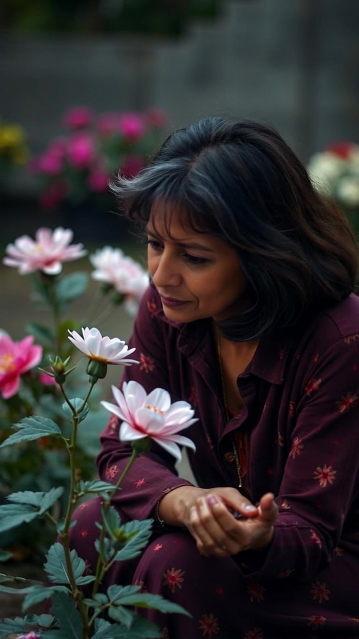 Subject: Asha sitting in a garden. Subject movement: She gazes thoughtfully at a blooming flower, gently leaning forward. Scene: A serene garden filled with colorful flowers and greenery. Lighting: Soft afternoon light enveloping the scene, enhancing the vibrant colors of the blooms. Motion: The camera smoothly zooms in on Asha's contemplative expression, then pans up to the flower she admires, capturing the tranquil atmosphere.