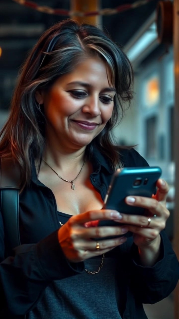 Subject: Asha, smiling slightly as she adjusts her smartphone in a light-hearted manner. Subject movement: Asha playfully tilts her head while glancing at the screen, her hands moving with ease. Scene: Cozy indoor setting, filled with soft furnishings and warm colors. Style: Ambient lighting with a cheerful atmosphere, creating an inviting vibe. Motion: The camera performs a gentle push-in, capturing her candid expression, while maintaining a close-up focus on her hands as they navigate the smartphone.