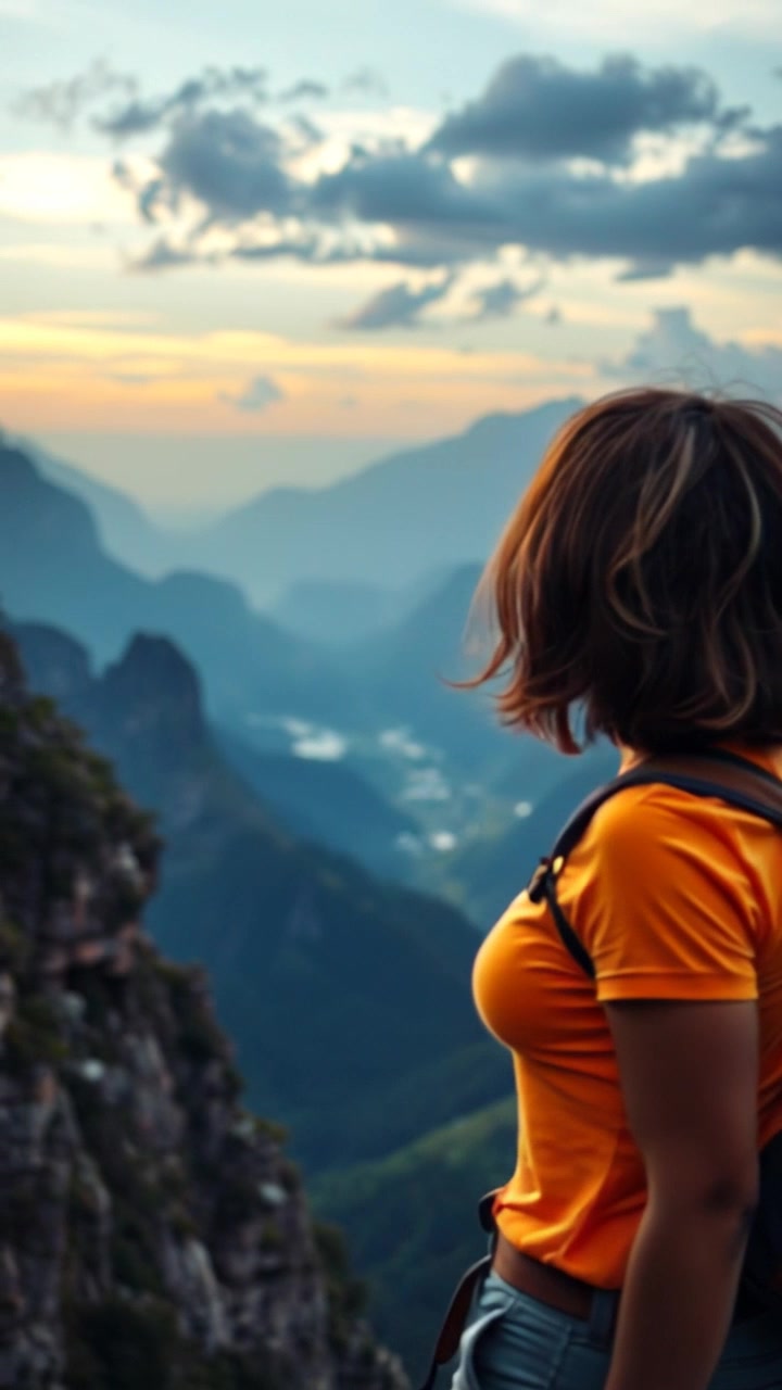 Subject: A hiker standing at the edge of a mountain cliff. Subject movement: The hiker takes a deep breath, contemplating the vast expanse of the landscape below. Scene: A breathtaking mountain vista with rolling hills and distant peaks under a clear blue sky. Style: Bright and vibrant morning light enhancing the lush greenery of the hills and the ruggedness of the cliffs. Motion: The camera begins with a close-up on the hiker's contemplative expression, then pulls back smoothly to reveal the grandeur of the landscape, capturing the sense of adventure and exploration.