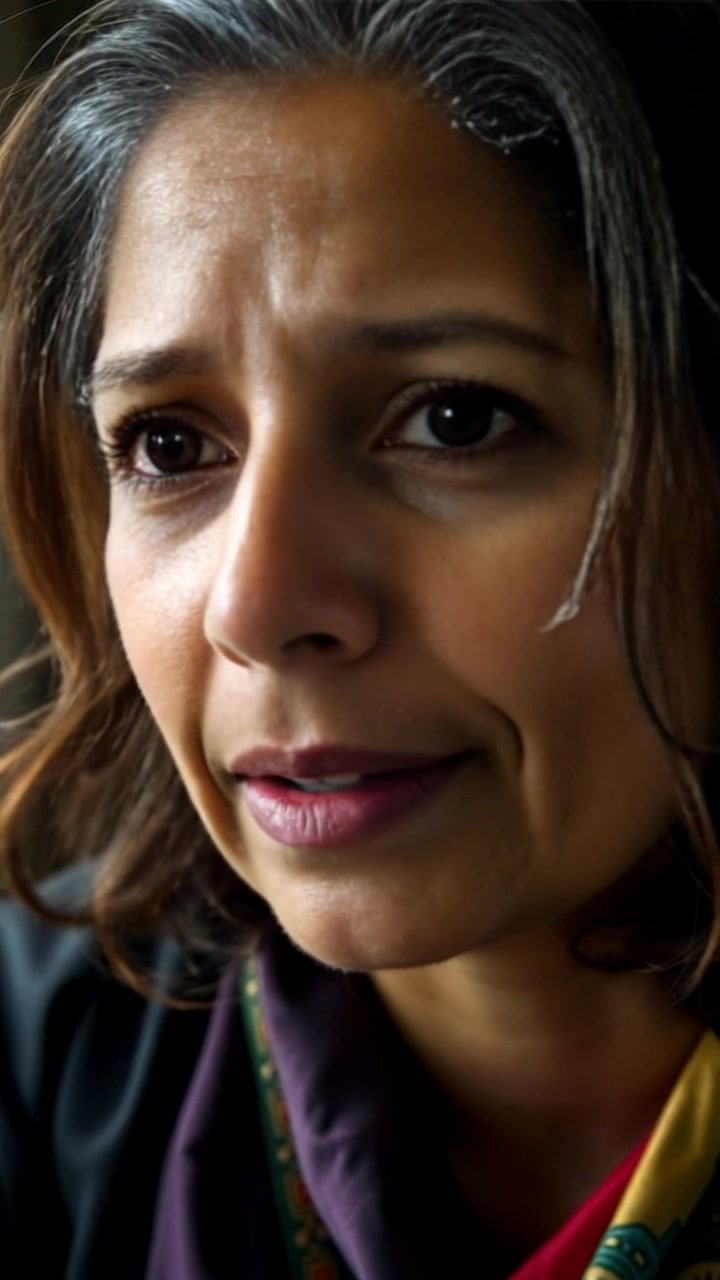 Subject: A determined individual expressing thoughts passionately. Scene: Close-up of Asha's face, capturing every detail of her expression as she speaks in a softly lit room. Motion: The camera gently pushes in to highlight her intensity, with ambient lighting creating a warm atmosphere that emphasizes her focus.