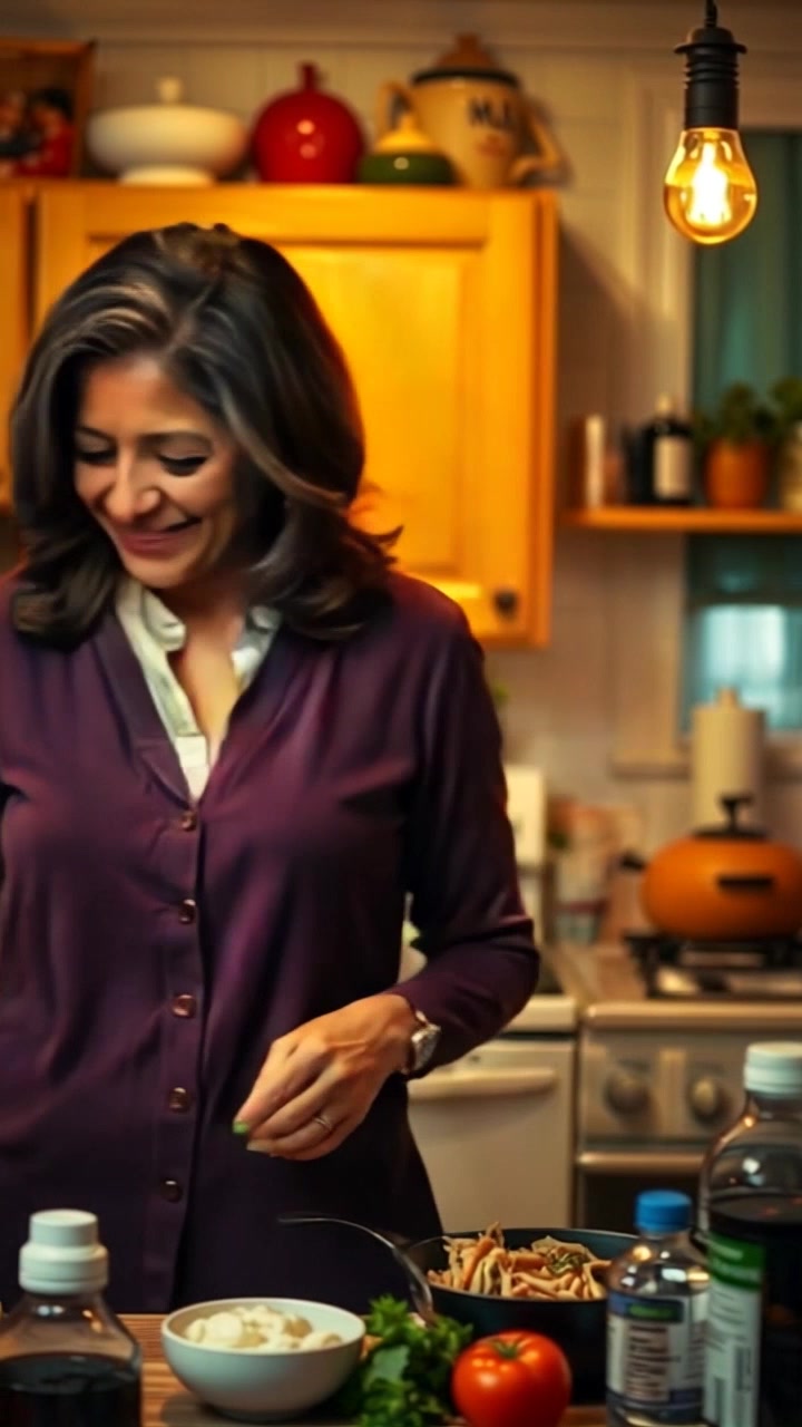 Subject: Asha in a cozy kitchen, smiling while preparing food. Subject movement: Asha stirs a pot on the stove, then moves to chop vegetables on the counter, her movements fluid and cheerful. Scene: A warm and inviting kitchen with wooden cabinets and sunlight streaming in through the window. Style: Soft, natural lighting creating a homey atmosphere enriched with warm colors. Motion: The camera pans gently around Asha as she cooks, capturing her joyful expression and the vibrant, fresh ingredients scattered about.