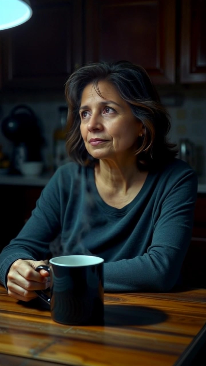 Subject: Asha sitting at a kitchen table, appearing thoughtful as she gazes out of the frame. Scene: Cozy kitchen filled with warm wood tones, a steaming mug of tea in front of her. Motion: The camera gently pans in towards Asha, capturing the soft steam rising from the tea, with warm, inviting lighting enhancing the intimate atmosphere.