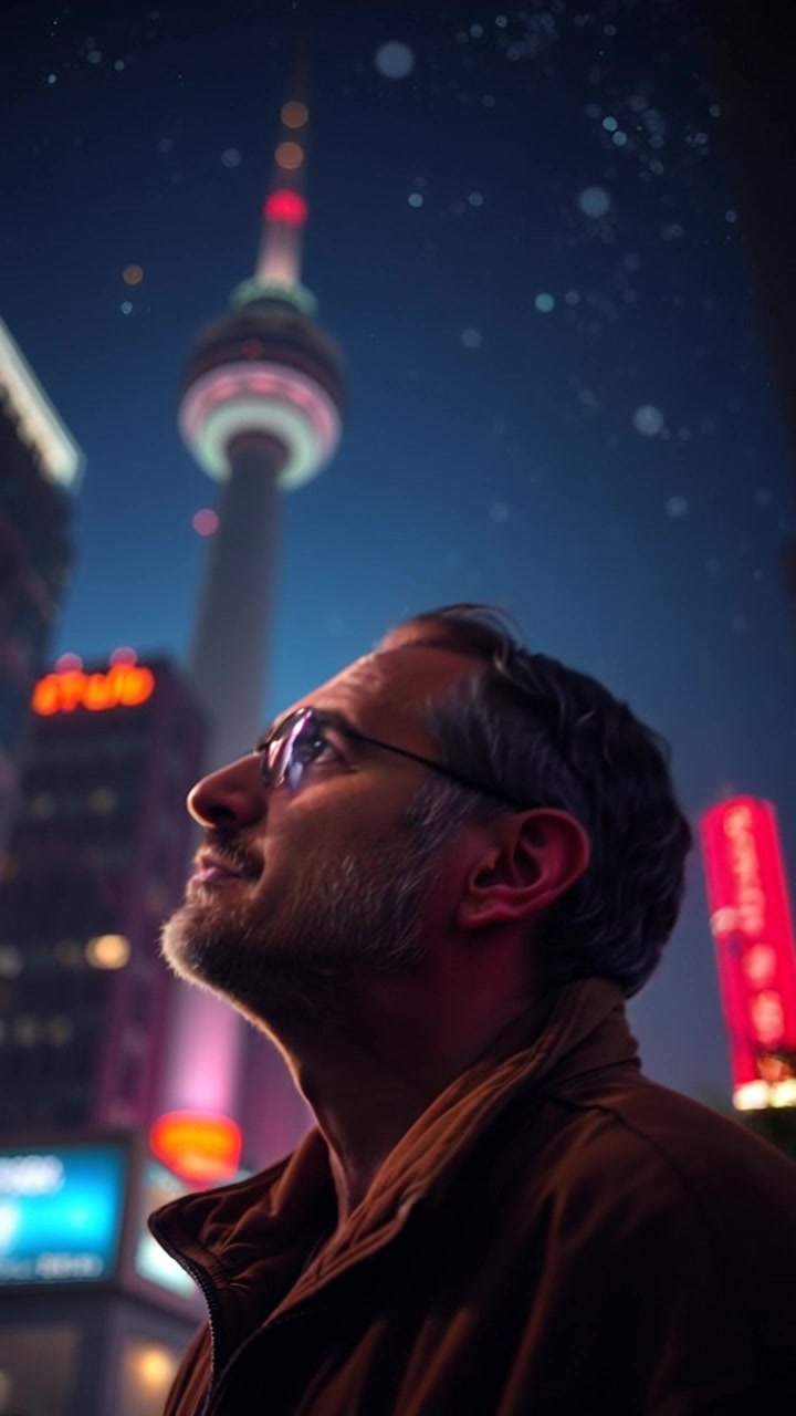 Subject: A person gazing contemplatively at the night sky. Subject movement: The person shifts slightly, reflecting a sense of introspection. Scene: A tranquil outdoor setting under a starlit sky, surrounded by soft silhouettes of trees. Style: Ambient lighting illuminated by the stars, casting a serene glow. Motion: Camera performs a slow push-in, capturing the wonder in the person's expression while revealing the vast expanse of the starry sky overhead.