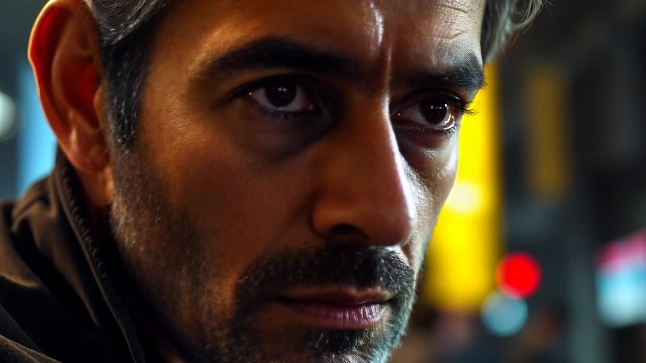 Subject: A person deep in thought, reflecting on a tense situation. Scene: A close-up shot of a face, showcasing the furrowed brows and intense expression, set against a blurred background that hints at an uncertain environment. Lighting: Soft, ambient light illuminating the individual's features to enhance the mood of concern. Motion: The camera slowly pushes in for a tighter focus on the person's eyes, capturing a subtle shift in their expression as new realizations unfold.