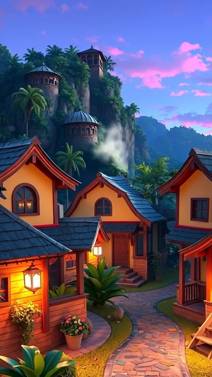A small village in Nias Island with traditional houses surrounded by lush greenery.