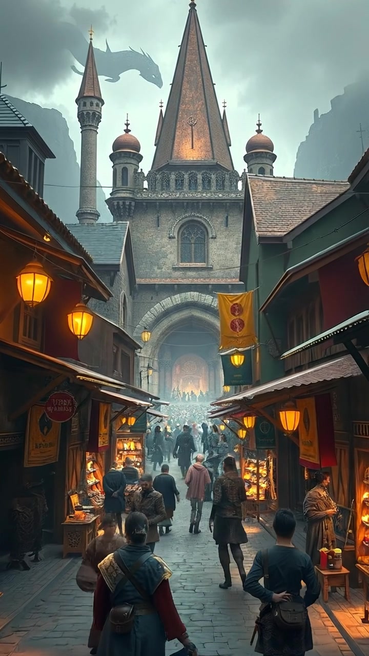 A bustling marketplace filled with colorful stalls and people shopping.