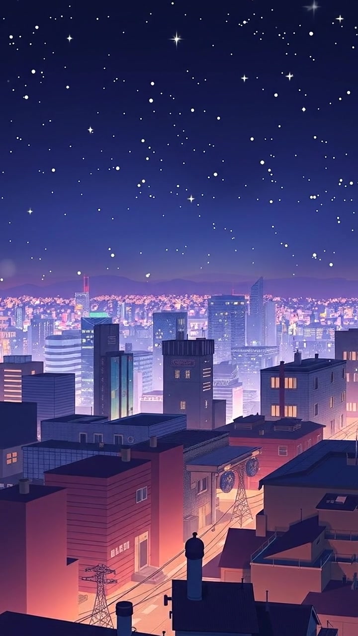 A view of the city skyline at night, lights twinkling but dim and distant.