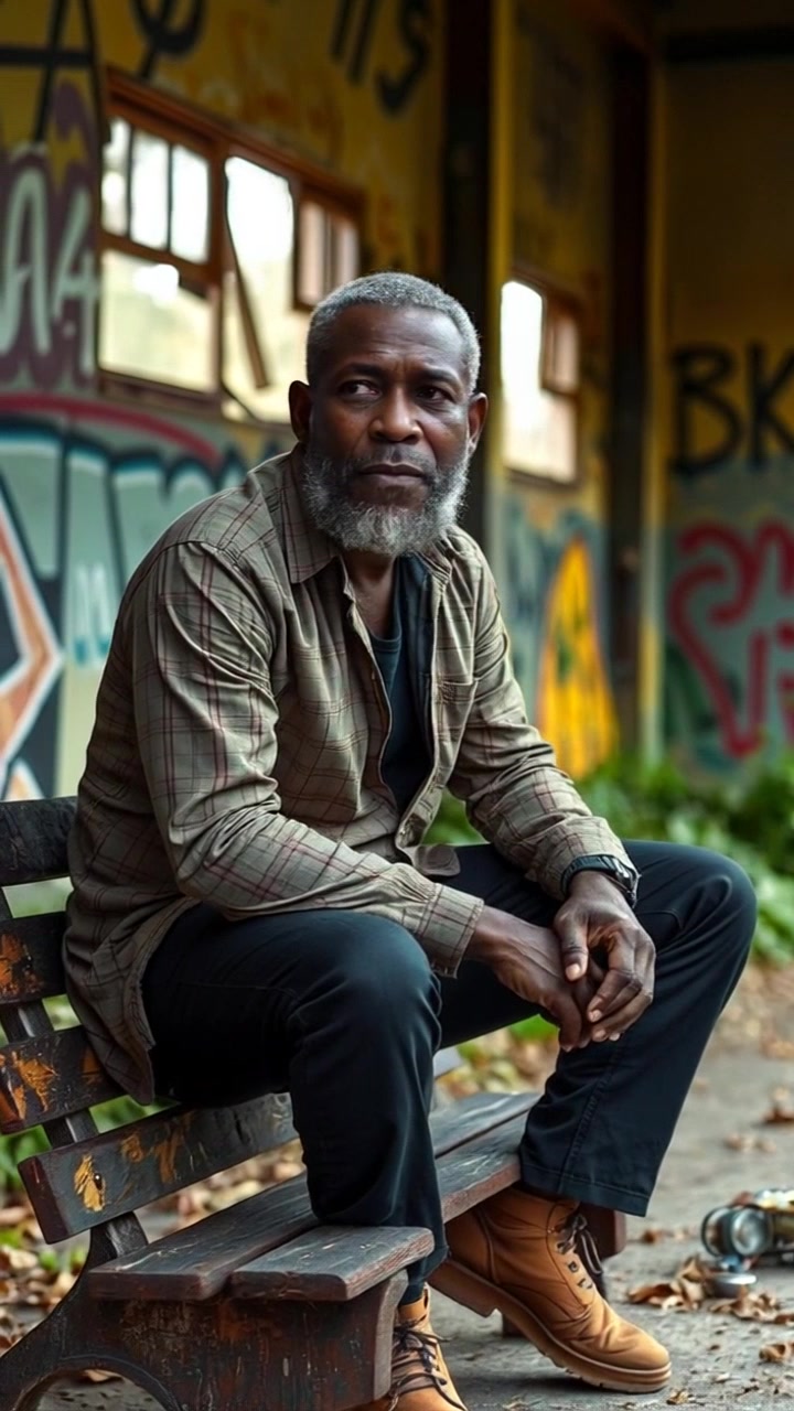 Subject: An older man sitting on a worn wooden bench, lost in thought. Subject movement: The man shifts slightly, adjusting his posture as he gazes into the distance. Scene: A serene park setting with dappled sunlight filtering through the trees, casting gentle shadows on the ground. Style: Soft, warm afternoon light creating an inviting atmosphere. Motion: The camera slowly zooms in from a medium shot, capturing the nuances of his expression as the surrounding foliage sways softly in the breeze.