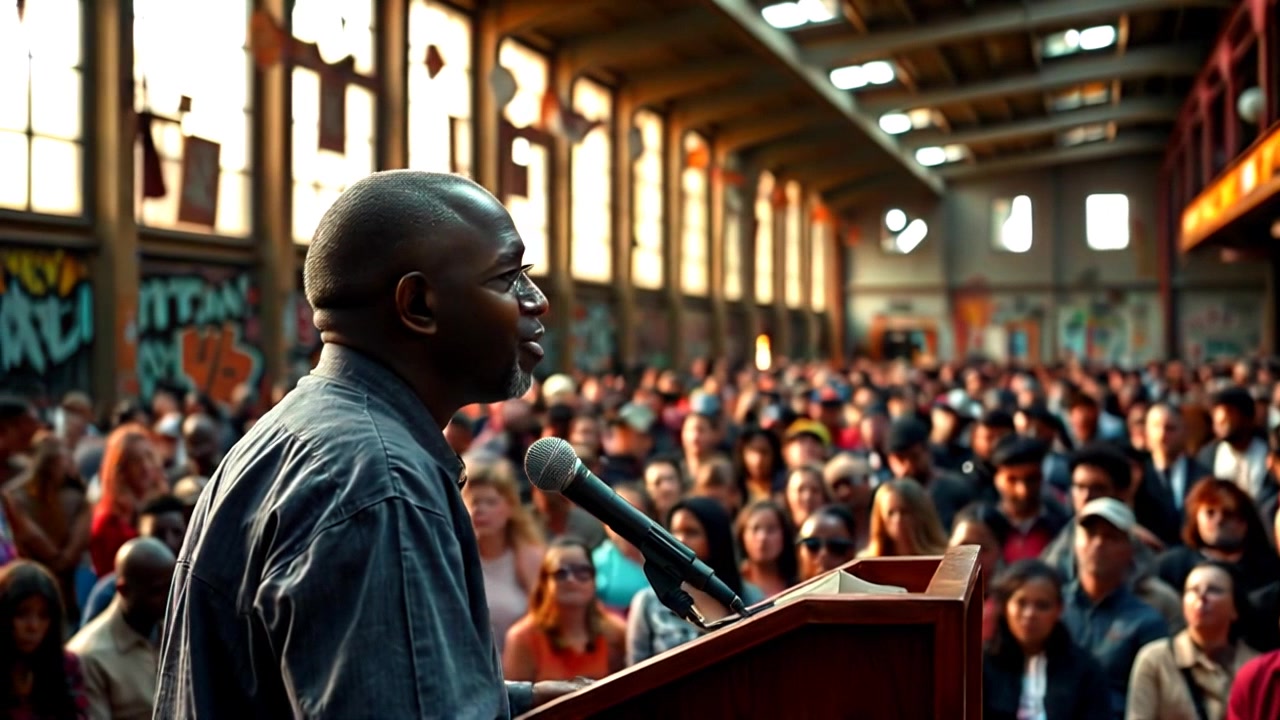 Subject: A passionate speaker at a podium. Subject movement: The speaker gestures animatedly, leaning forward to engage the audience. Scene: A large crowd gathered outdoors, various expressions of engagement and focus visible among the attendees. Style: Bright, natural daylight illuminating the scene, creating an inspiring atmosphere. Motion: Camera zooms in on the speaker’s facial expressions while panning slowly across the audience, capturing their attentive reactions.