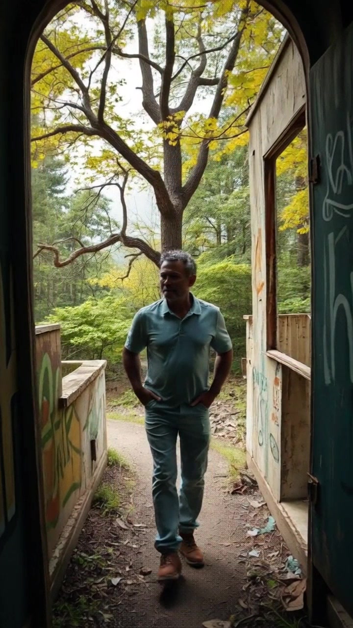 Subject: Kwame walking along a narrow trail. Subject movement: Kwame strides confidently through the dense woods, surrounded by towering trees. Scene: A narrow trail leading deeper into a lush forest, with dappled light filtering through the canopy above. Style: Soft, ambient lighting creates a serene atmosphere, with a touch of green highlighting the rich foliage. Motion: The camera follows closely behind, tracking Kwame's movement as he navigates the twisting path, drawing the viewer into the immersive forest.