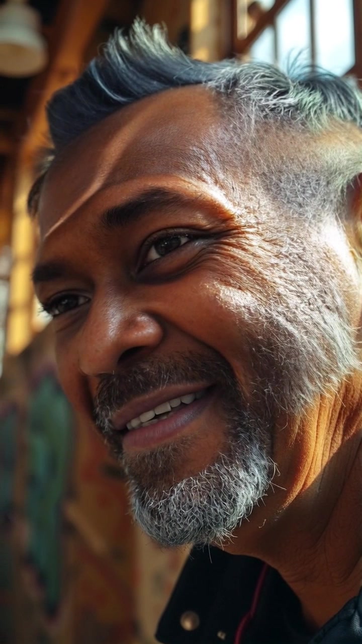 Subject: A young man with a gentle smile, eyes closed, savoring the moment. Subject movement: He remains still, relaxed in the gentle breeze. Scene: A serene outdoor setting, with soft green foliage in the background. Style: Warm, dappled sunlight filtering through the leaves, creating a peaceful atmosphere. Motion: The camera slowly pushes in for a close-up, emphasizing his expression and the tranquility of the moment.