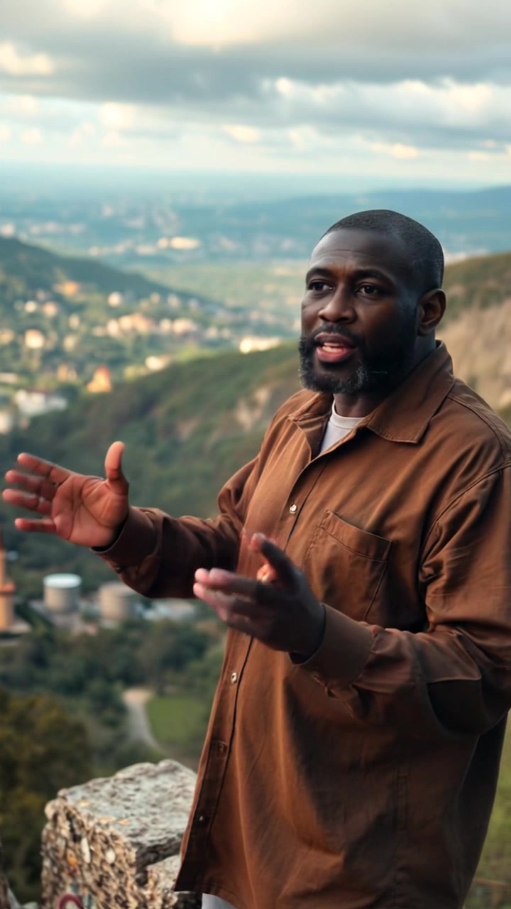 Subject: A Kwame standing confidently on a hilltop overlooking a vast valley. Subject movement: He gestures passionately, emphasizing his points as he speaks with determination. Scene: A breathtaking vista of rolling hills and a lush valley bathed in soft morning light. Style: Warm, inviting lighting enhances the serene atmosphere, while the sweeping camera captures the scale of the landscape. Motion: The camera elegantly pans around the Kwame, revealing his commanding presence against the backdrop of the expansive valley.