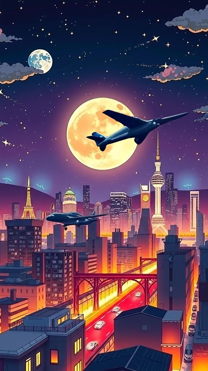 A city skyline under a full moon, with the glow of city lights and traffic below.