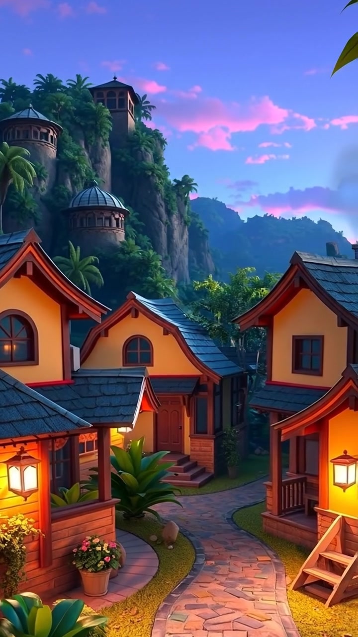 A small village in Nias Island with traditional houses surrounded by lush greenery.