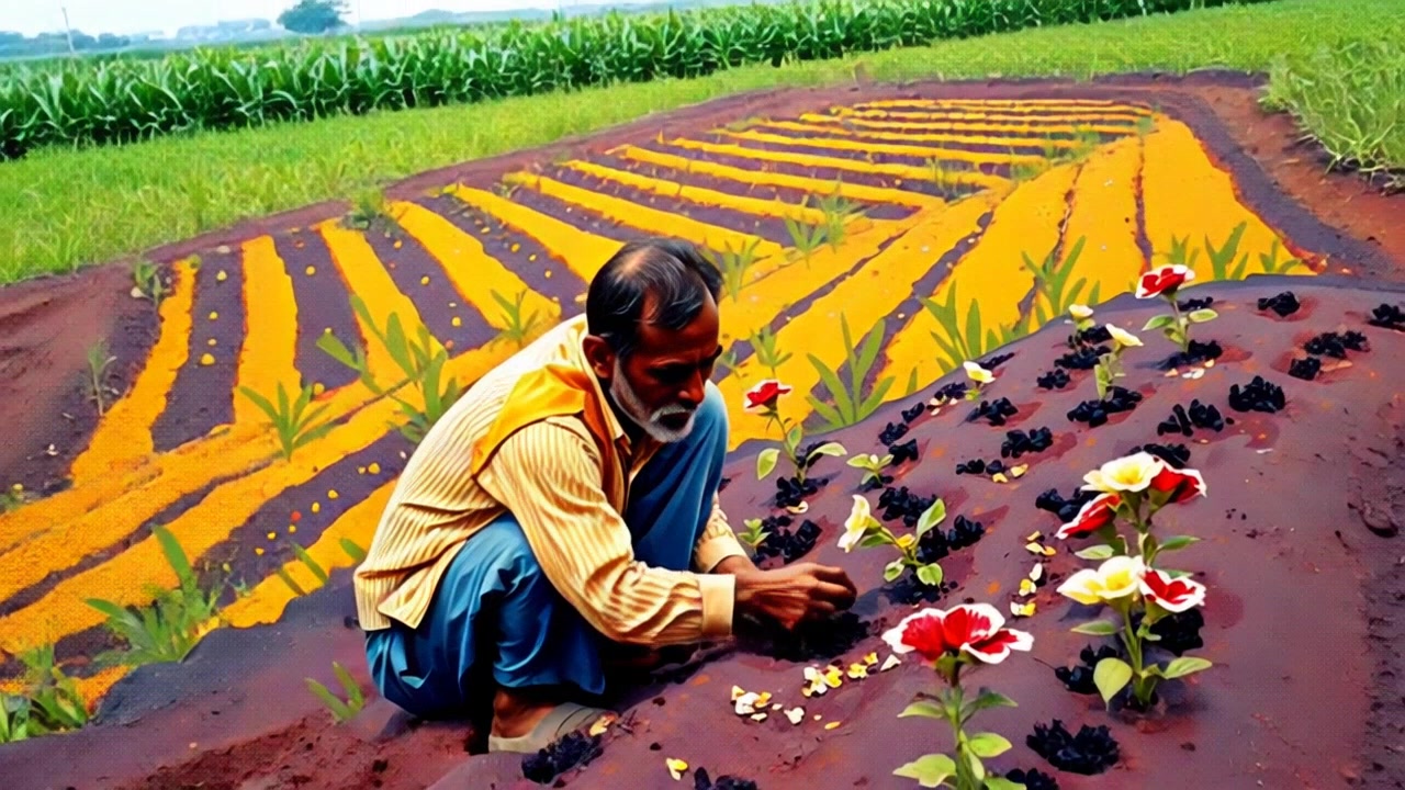 Subject: A farmer kneeling in his field. Subject movement: The farmer gently plants seeds into the rich, dark soil, his hands moving methodically as he creates small furrows. Scene: A vibrant agricultural field with rows of crops, surrounded by lush greenery and a clear blue sky. Style: Bright, natural daylight illuminating the scene, casting soft shadows on the ground. Motion: The camera glides smoothly around the farmer, capturing the gentle motion of planting and the expansive beauty of the field.