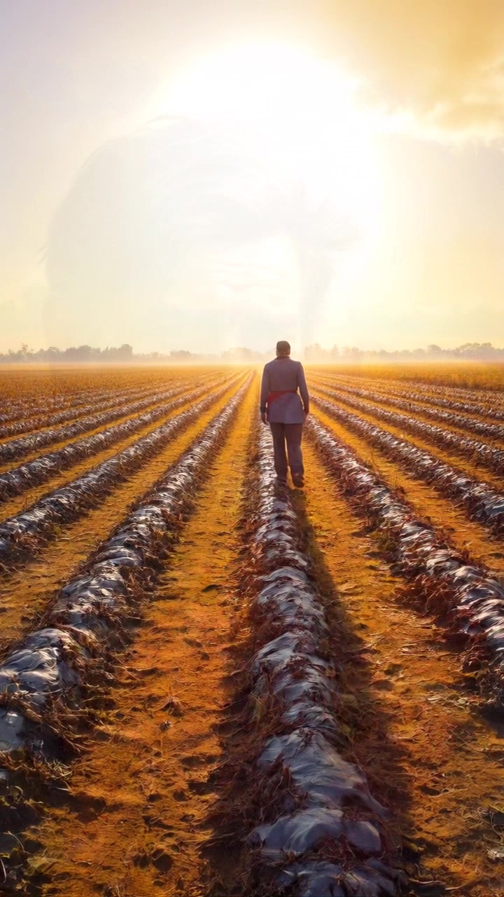 Subject: Raj looking worried. Subject movement: He slowly walks through his parched field, surveying the damaged crops with concern. Scene: A dry, desolate agricultural landscape under a scorching sun, with wilting plants and cracked earth evident all around. Style: Harsh midday lighting emphasizes the stark reality of drought, casting strong shadows and highlighting the tension in the atmosphere. Motion: The camera follows Raj's movements with a smooth dolly-in, capturing his anxious expressions as he glances back and forth across the field, eventually pulling back to reveal the extent of the devastation.