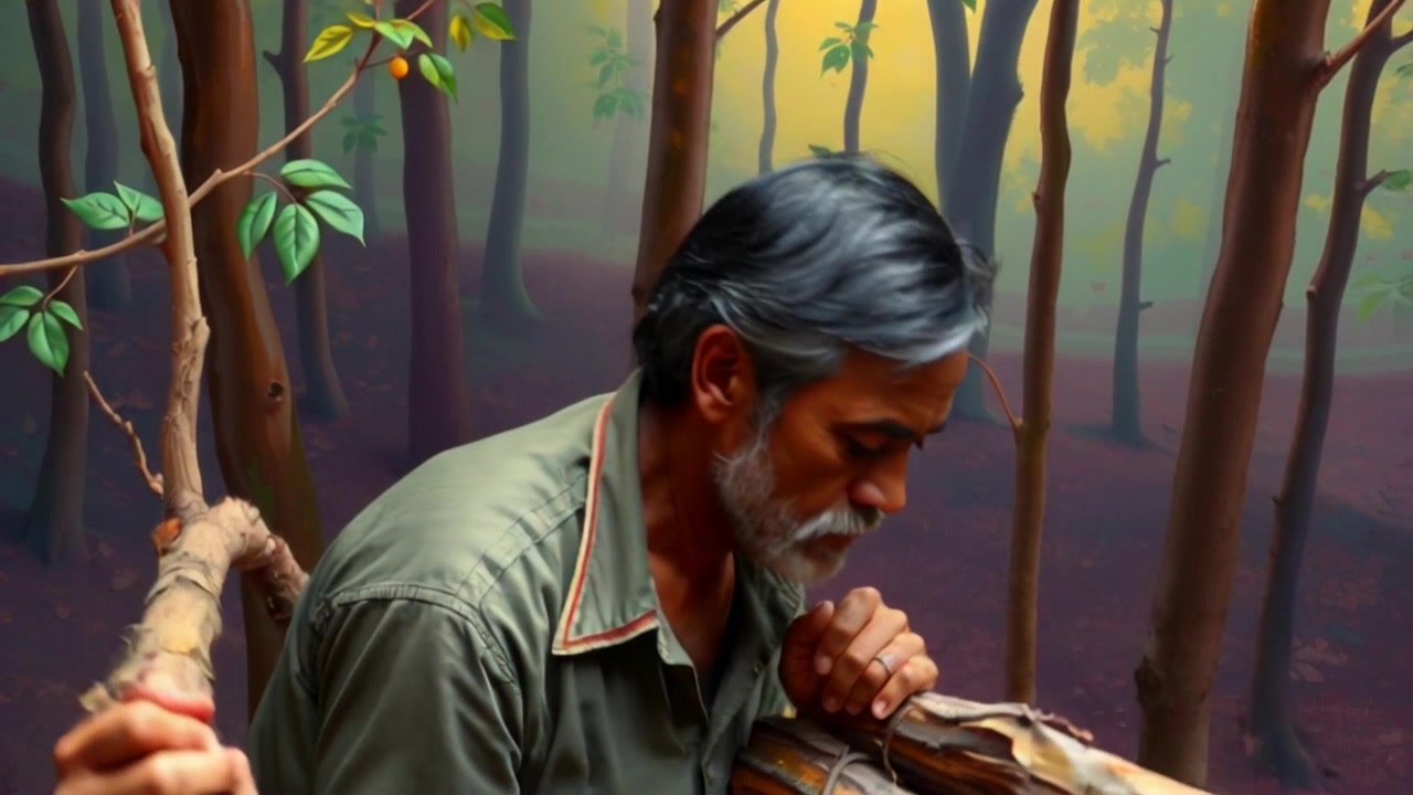 Subject: Raj diligently gathering firewood in the forest. Subject movement: He bends down to pick up a hefty log, then stands tall with determination, focusing on his task. Scene: A lush green forest with dappled sunlight filtering through the leaves, highlighting the earthy tones of the forest floor. Style: Soft morning light casting gentle shadows and illuminating the surrounding foliage. Motion: A hand-held camera tracking shot that follows Raj as he moves through the underbrush, capturing his focused expression and the serene beauty of the forest around him.
