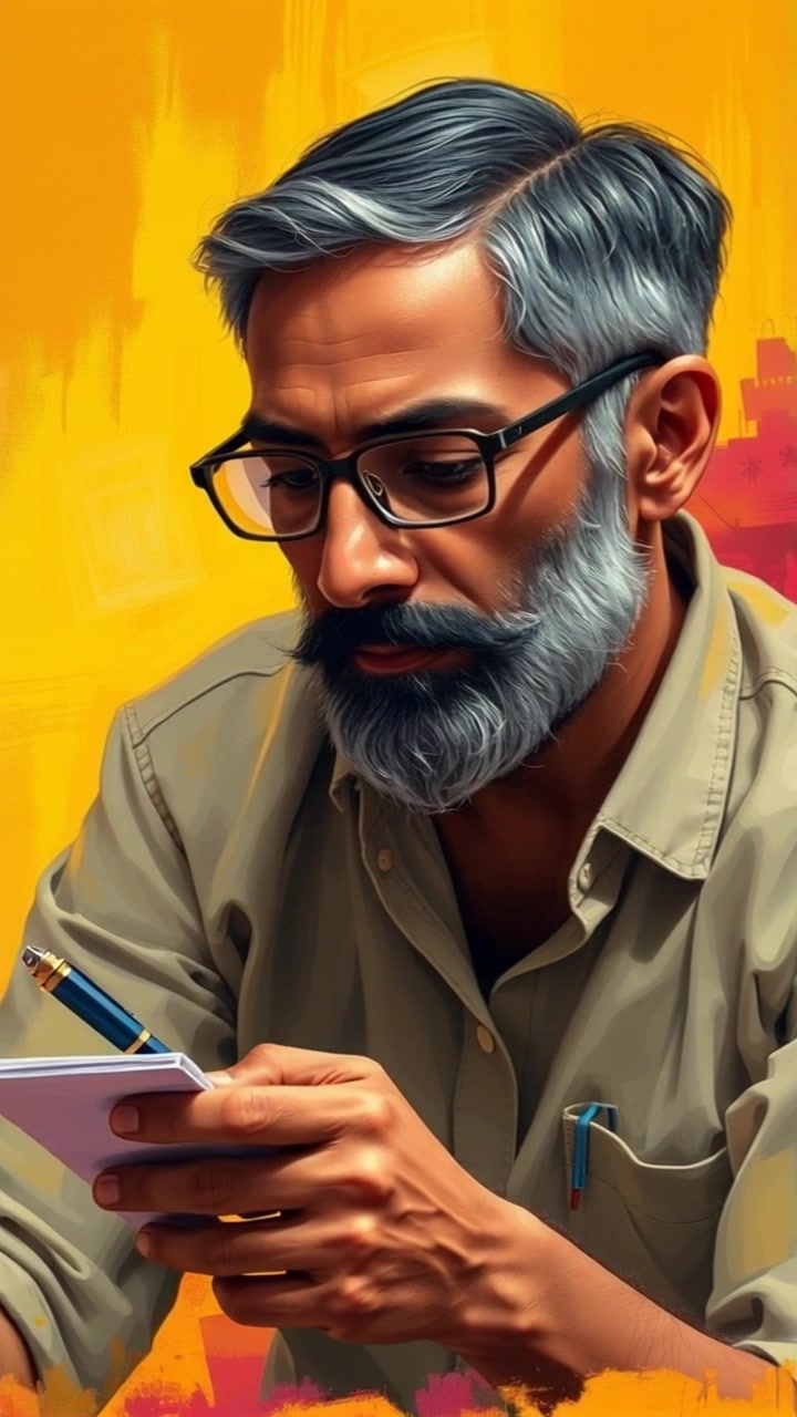 Subject: A young man named Raj, deeply focused while taking notes. Subject movement: Raj shifts his gaze occasionally, showing concern as he processes information. Scene: An intimate study room filled with books and soft lighting, shadowy corners creating a contemplative atmosphere. Style: Warm, ambient lighting that enhances the serious mood. Motion: The camera employs a slow zoom-in on Raj's focused expression, capturing the nuances of his concern as he jots down notes, subtly shifting perspectives to include the surrounding study environment.