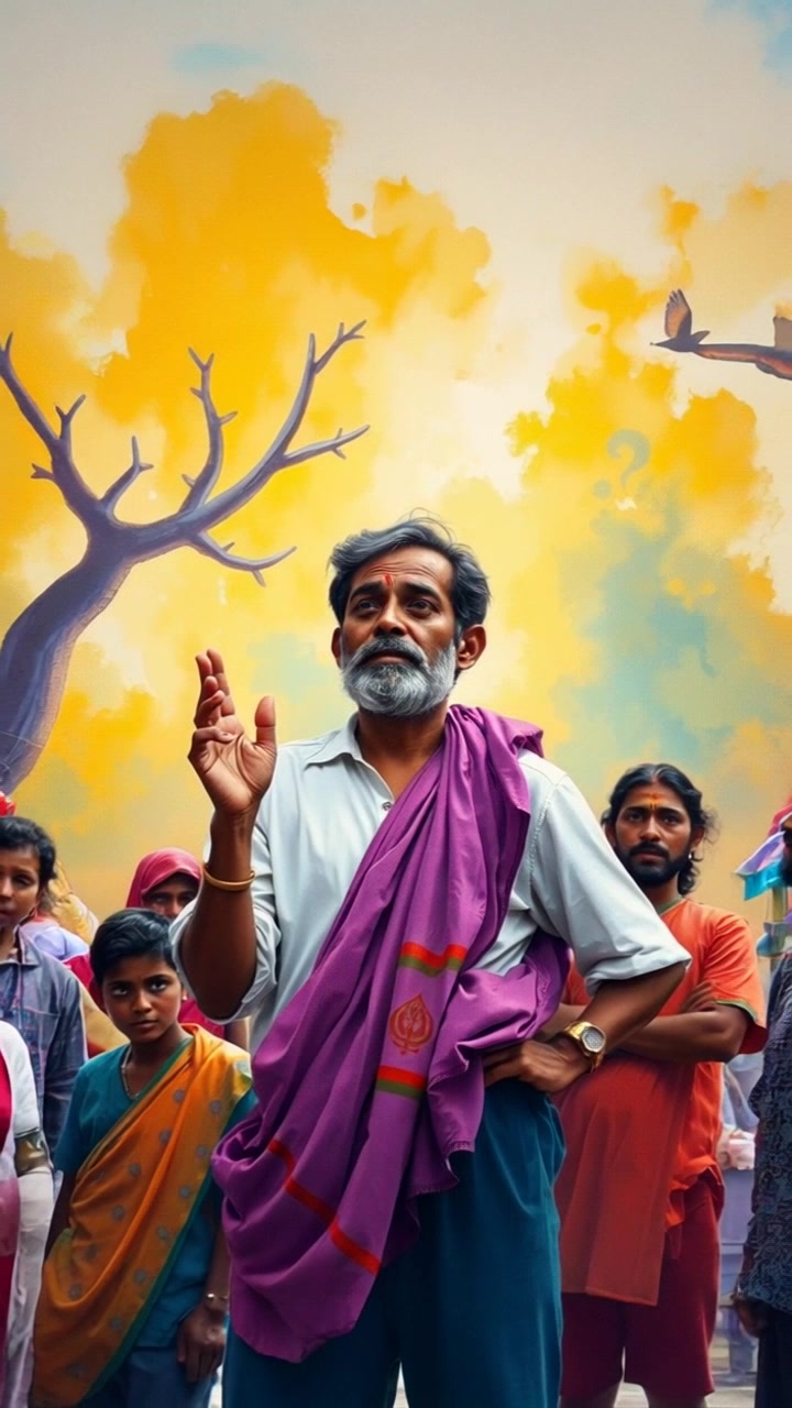 Subject: A confident figure standing among villagers, gesturing towards the sky. Subject movement: The figure raises their arm, directing attention upward, while the villagers stand attentively, creating a sense of community engagement. Scene: A vibrant village square filled with interested villagers, colorful stalls in the background, under a clear blue sky. Style: Bright, natural lighting highlighting the expressions of the villagers and the surrounding scenery. Motion: Camera slowly circles around the group, capturing the enthusiasm of the villagers as they look up, with a slight upward tilt to emphasize the direction of the gesture.