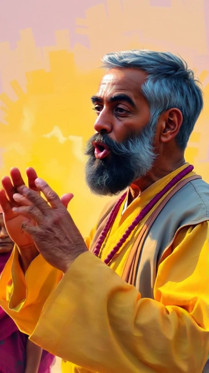 Subject: Karyo animatedly gesturing to a group of amused villagers. Subject movement: Karyo moves expressively, waving his arms and drawing the villagers' attention with his lively storytelling. Scene: A vibrant village square filled with picturesque cottages and curious onlookers, sunlight filtering through the trees. Style: Bright, natural lighting enhances the warm, inviting atmosphere of the gathering. Motion: The camera performs a smooth dolly in, capturing Karyo's charismatic performance while panning slightly to reveal the amused expressions of the villagers.