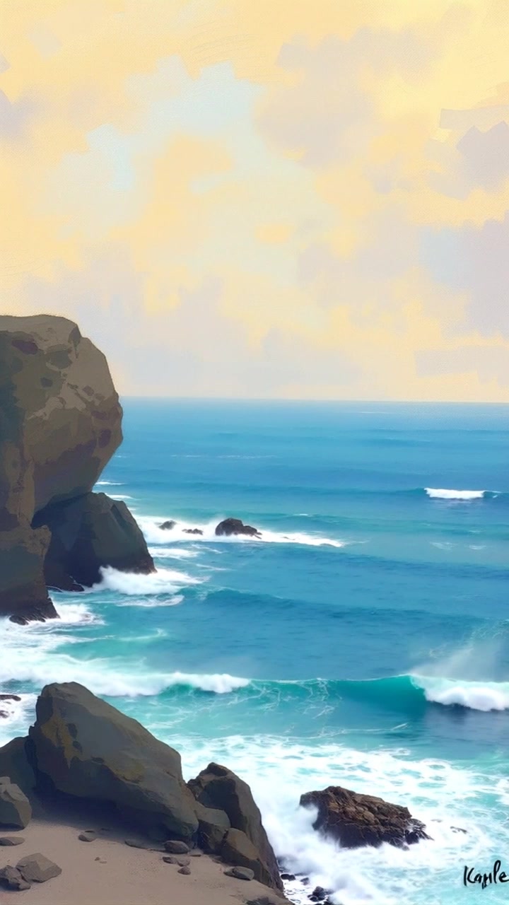 Subject: An elder standing resolutely on a rocky cliff. Subject movement: The elder gazes out at the vast ocean, maintaining a steady pose as the wind rustles their clothes. Scene: A dramatic rocky cliff overlooking a turbulent sea, with foamy waves crashing against the rugged stones below. Style: Bright, natural lighting with a slightly overcast sky that enhances the dramatic atmosphere. Motion: The camera performs a slow, sweeping pan from the cliff edge out towards the horizon, capturing the grand scale of the ocean while providing a sense of depth and isolation.