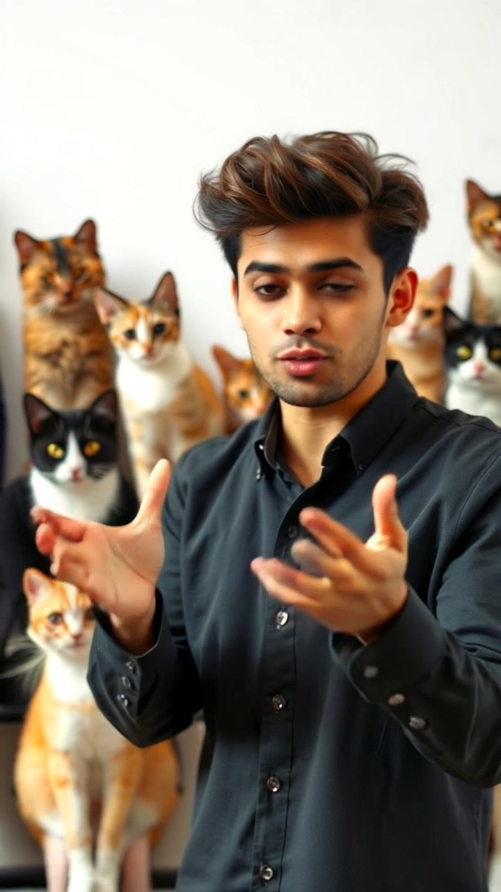 Subject: A confident speaker passionately gesturing with his hands while explaining his qualities. Subject movement: The speaker moves dynamically, emphasizing his points with sweeping hand gestures. Scene: A modern conference room filled with engaged attendees, daylight streaming in through large windows, enhancing the atmosphere of enthusiasm. Style: Bright, natural lighting creating an energetic environment. Motion: The camera gently pushes in on the speaker, capturing his expressive movements and the attentive reactions of the audience around him.