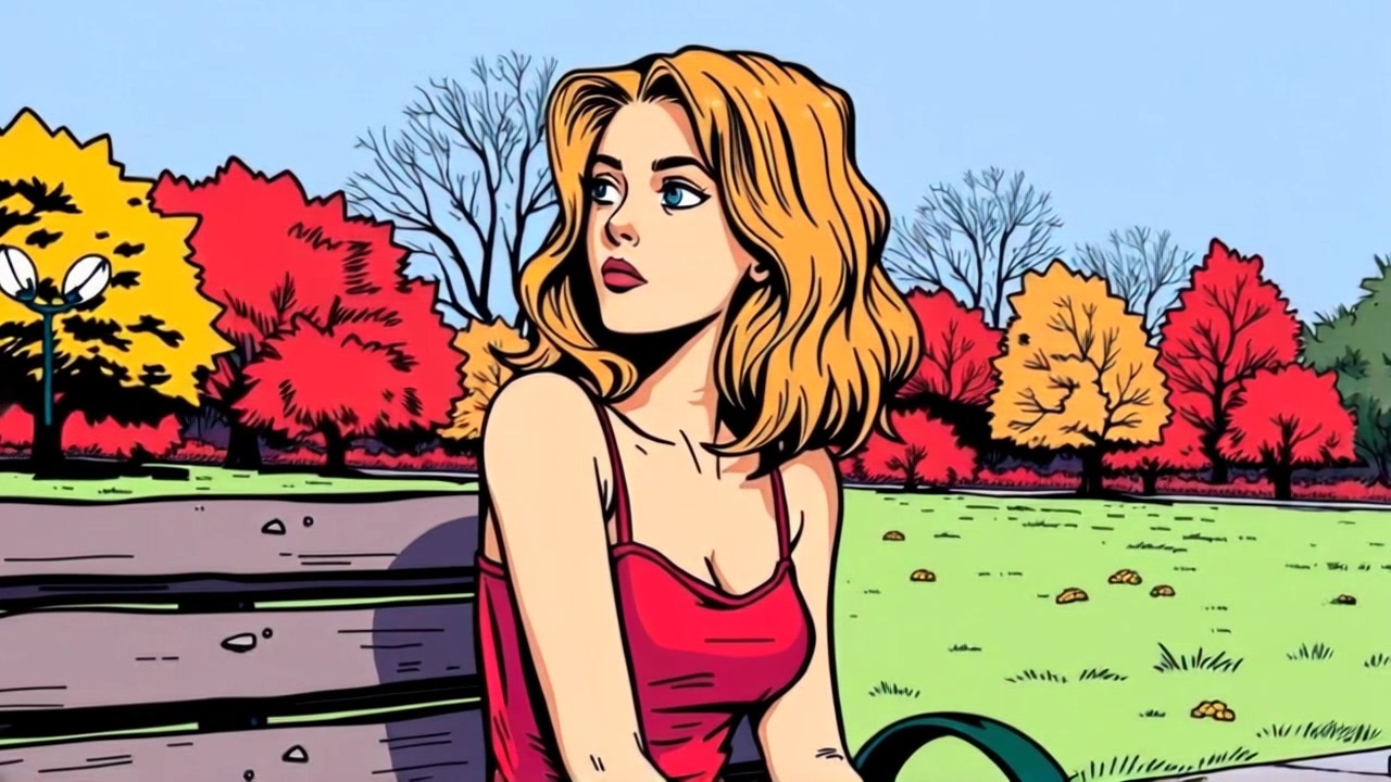 Subject: A person sitting on a park bench. Subject movement: The person gazes thoughtfully into the distance, occasionally shifting their gaze. Scene: A serene park filled with lush greenery and gentle sunlight filtering through the trees. Motion: Camera panning slowly around the bench, capturing the person in profile as they reflect, with soft ambient lighting creating a tranquil atmosphere.