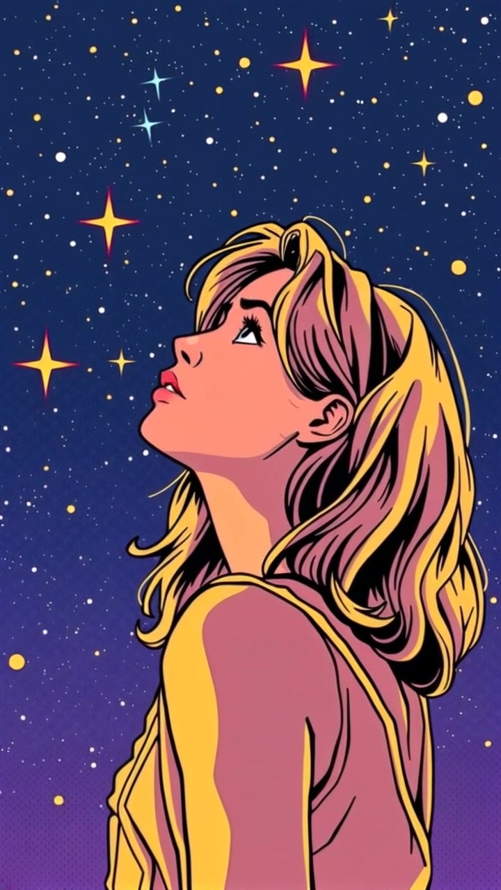 Subject: A person gazing up at a starlit sky. Subject movement: The person's face shows serene wonder, eyes wide as they take in the celestial view. Scene: A tranquil night setting illuminated by a countless array of stars. Style: Soft ambient moonlight, creating a gentle glow that highlights the contours of the person's face. Motion: Camera slowly pushes in on the person's expression, capturing the awe in their eyes while framing the vast starry expanse above.