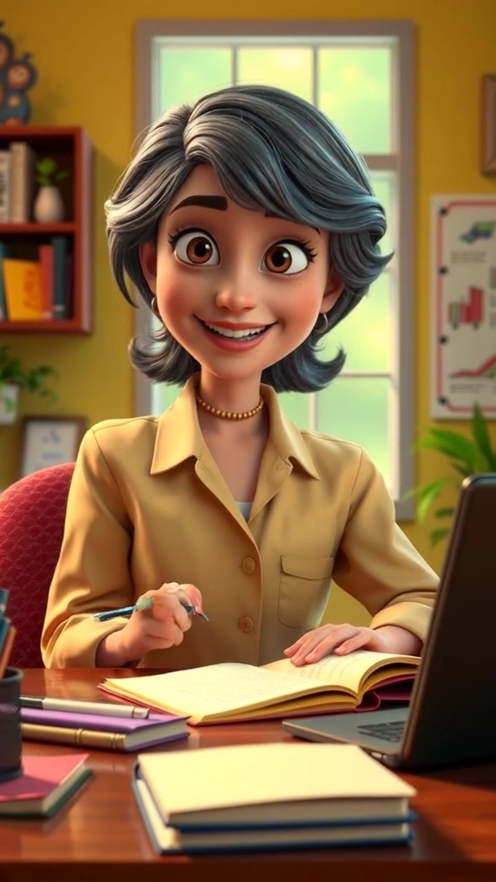 Subject: A person sitting at a desk, writing notes with a confident smile, clearly engaged in thought. Scene: Cozy and inviting study room filled with books and warm light filtering through a window. Motion: The camera slowly zooms in on the subject as they write, capturing the details of their expression and surroundings, creating an intimate atmosphere.
