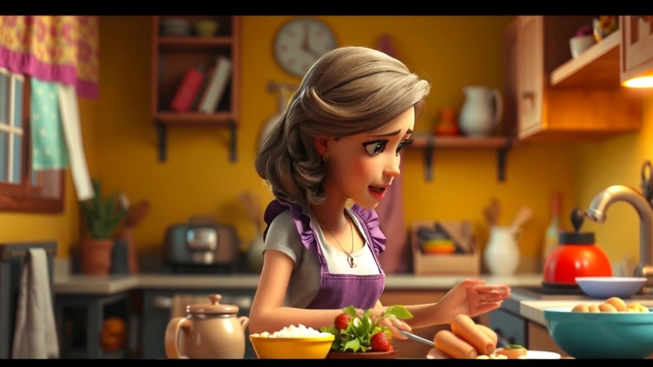 Subject: A woman in a cozy kitchen preparing a meal. Subject movement: The woman stirs a pot while glancing around with a concerned expression. Scene: Warm, inviting kitchen filled with various cooking utensils and ingredients, reflecting a homey atmosphere. Style: Morning light streams through the window, casting soft shadows and enhancing the kitchen's natural warmth. Motion: The camera gently pushes in, capturing the woman's focused actions as she moves from the stove to the countertop, creating an intimate perspective of her culinary process.
