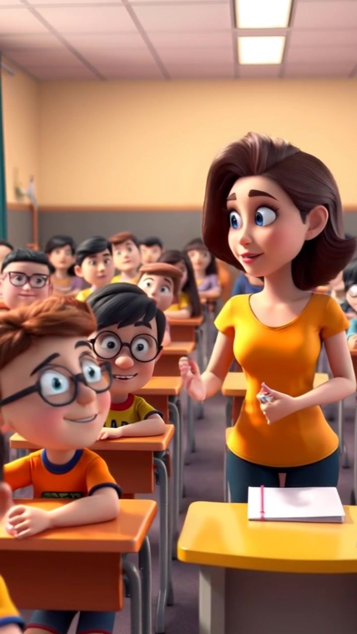 Scene: A vibrant classroom filled with engaged students at their desks, while a teacher stands animatedly at the front, discussing a lesson. Style: Bright, natural lighting streaming in from large windows, creating an inviting atmosphere. Motion: The camera glides smoothly through the row of desks, capturing the expressions and interactions of students as they respond to the teacher's prompts.