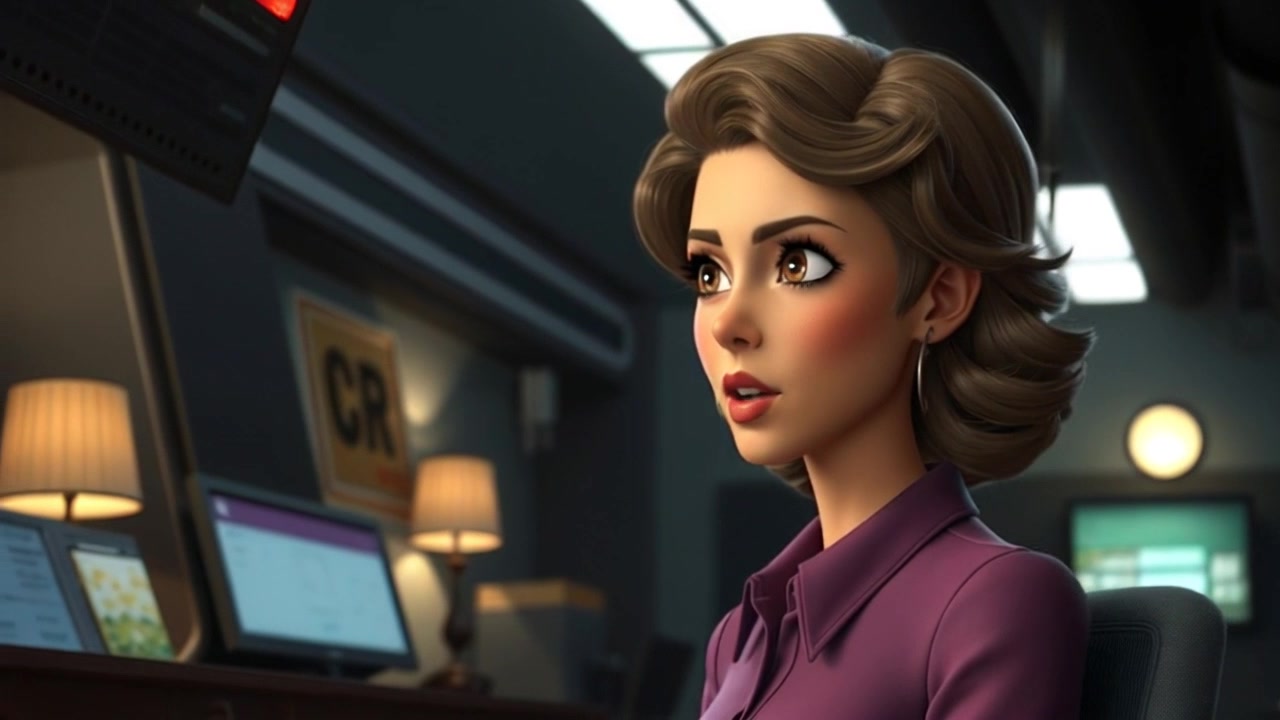 Scene: The interior of Dolores's office, dimly lit with an automated light flickering in the background, casting intermittent shadows across the room. Style: Atmospheric and moody lighting, enhancing the sense of mystery. Motion: The camera slowly pans across the office, revealing various details of the space, while the flickering light creates a dynamic interplay between light and shadow.