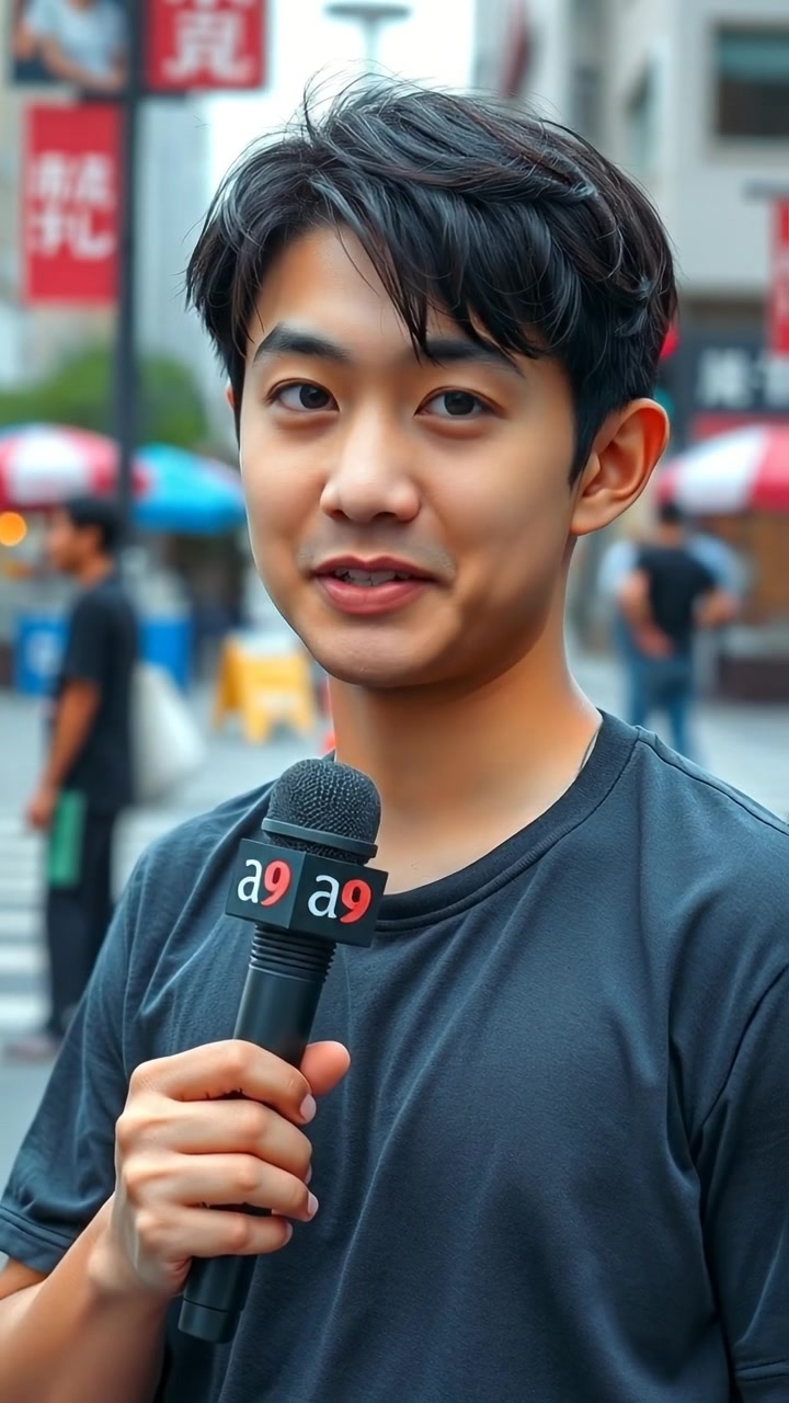 Ken with a small microphone standing in a street, ready to interview
