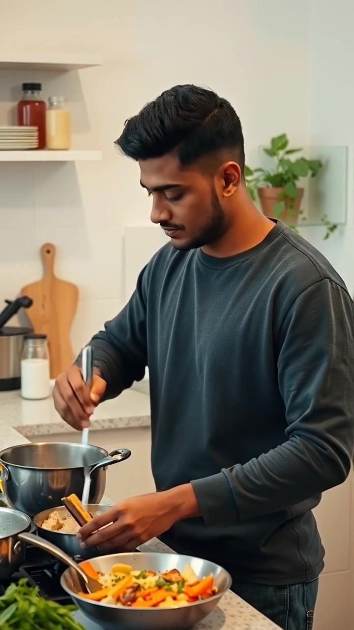 Arjun cooking a homemade indian meal in a minimal kitchen