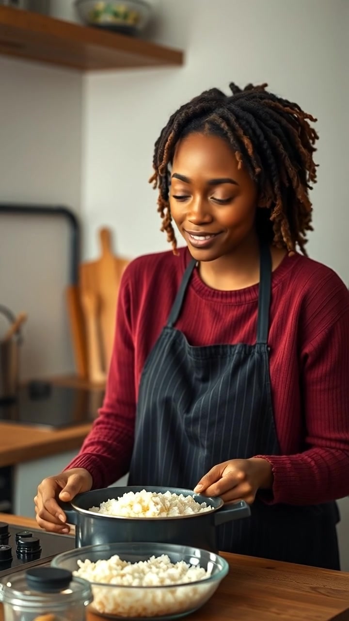 Nia cooking rice in a minimal well lit kitchen