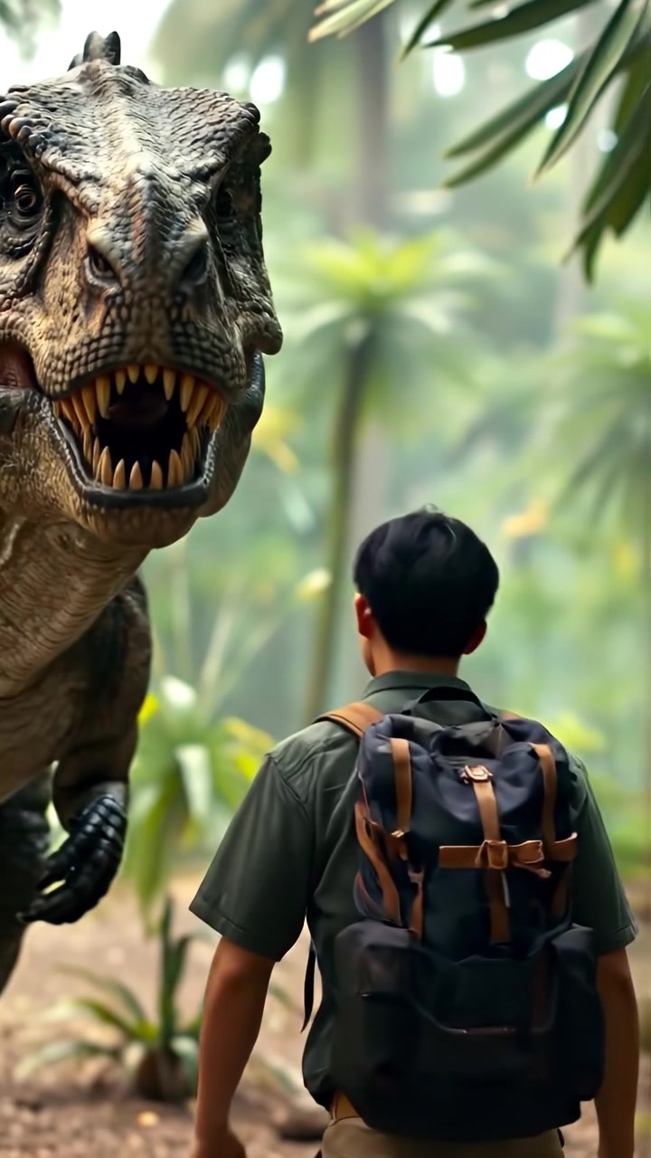 Ken walking around in prehistoric times with dinosaur