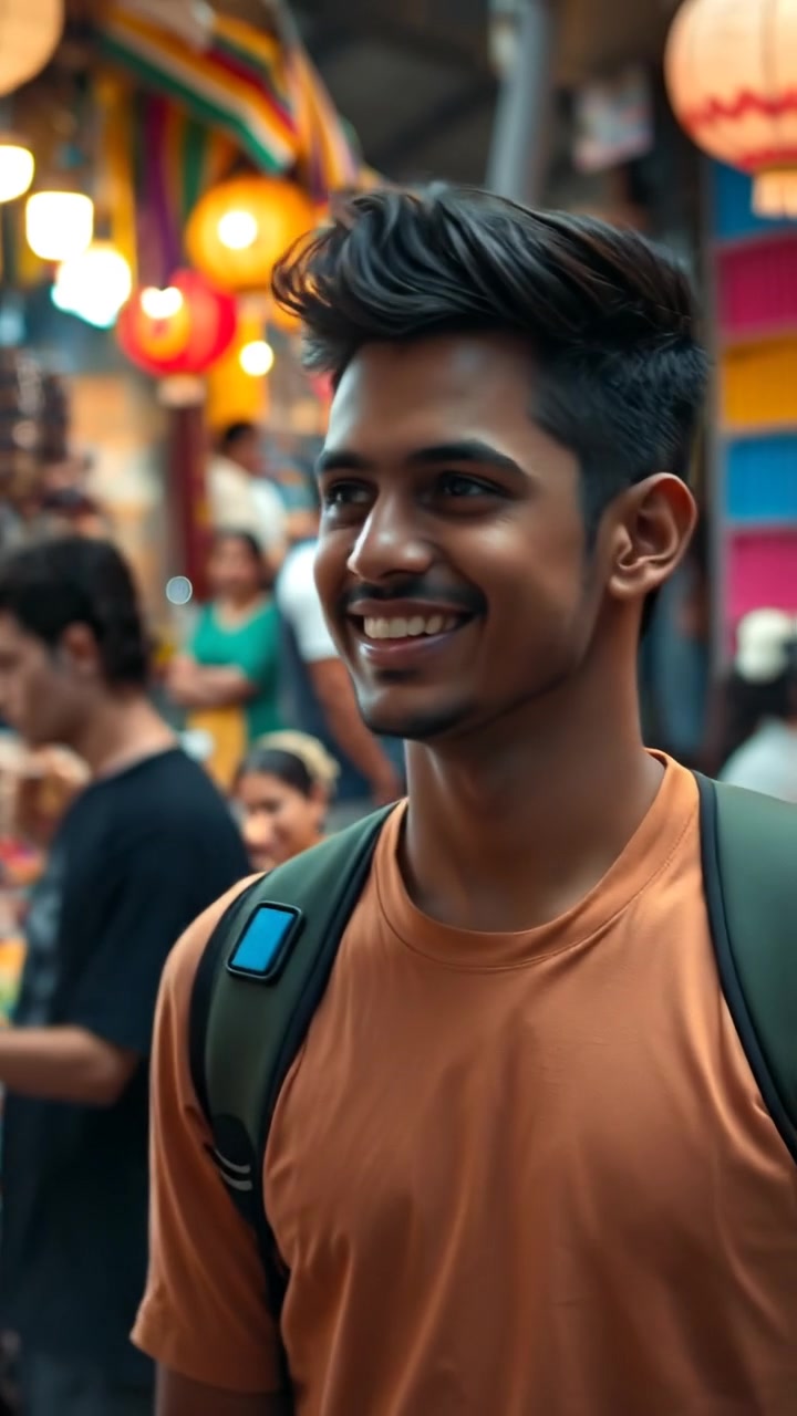 Description of the attached image: Arjun a person walks through a vibrant street market, smiling and taking in the sights.. Instructions for Veo: walking and smiling
