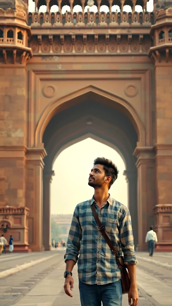 Description of the attached image: Arjun A man strolls under the massive Red Fort gate in India, pausing to admire its scale. . Instructions for Veo: wide shot as the camera pulls back to reveal the historic structure above him.