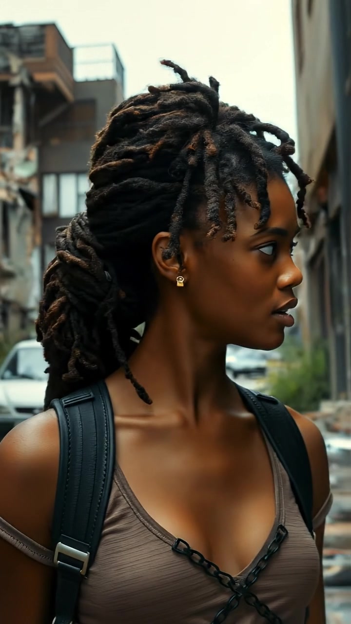 Description of the attached image: Nia a street with ruins in a post-apocalyptic workd. Instructions for Veo: wide shot looking around at the ruins around them worried