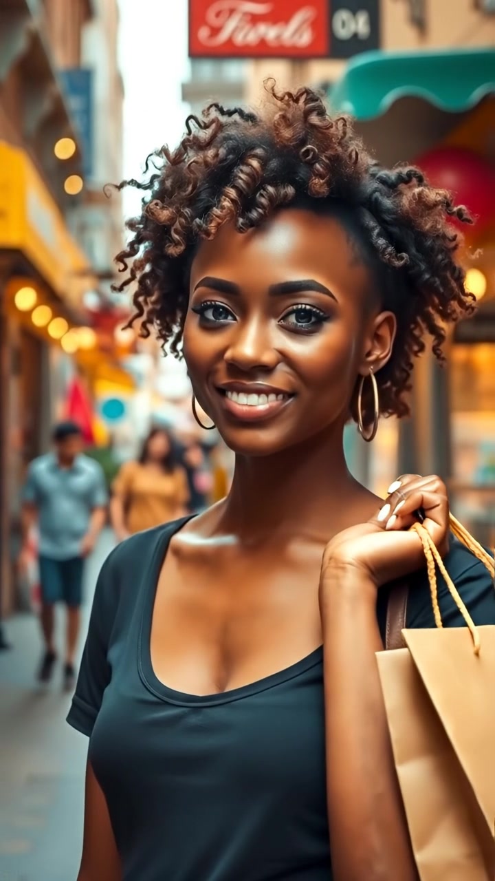 Description of the attached image: Nia standing in a shopping street. Instructions for Veo: walking and holding shopping bags in hand and smiling