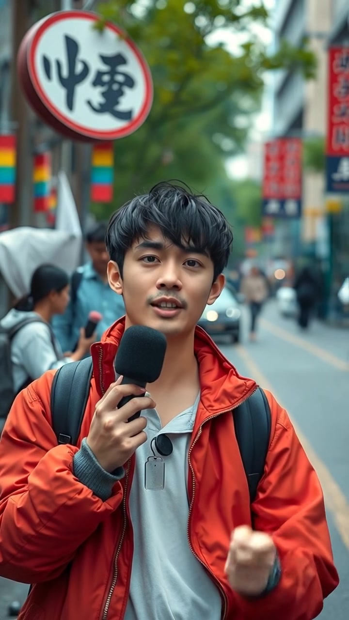 Description of the attached image: Ken with a small microphone standing in a street, ready to interview. Instructions for Veo: talking into the microphone and laughing