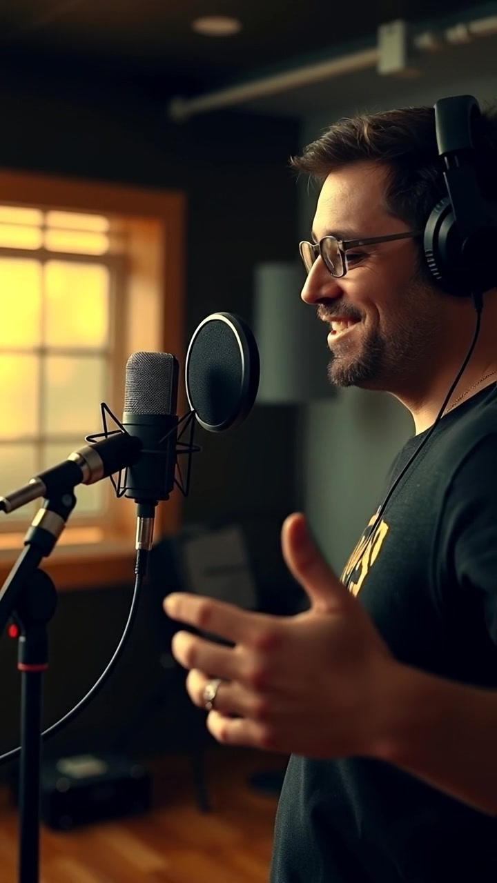 Description of the attached image: Mark Someone gestures confidently while speaking into a condenser mic in a softly lit recording studio, and wearing headphones. Instructions for Veo: talking vividly into the microphone, and smiling