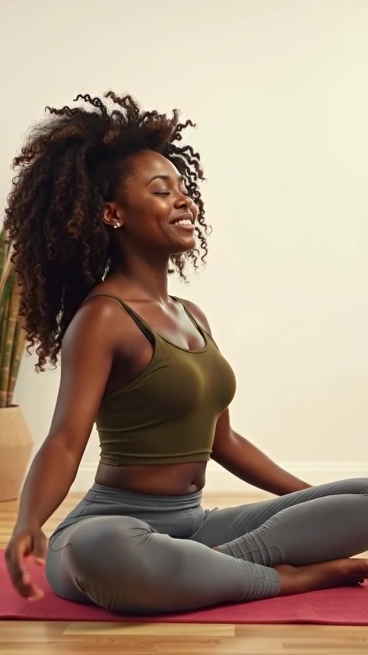 Description of the attached image: Nia person sitting cross-legged in a minimal zen room doing yoga, closed eyes and smiling. Instructions for Veo: person is taking a deep breath and moves their hands together like in prayer